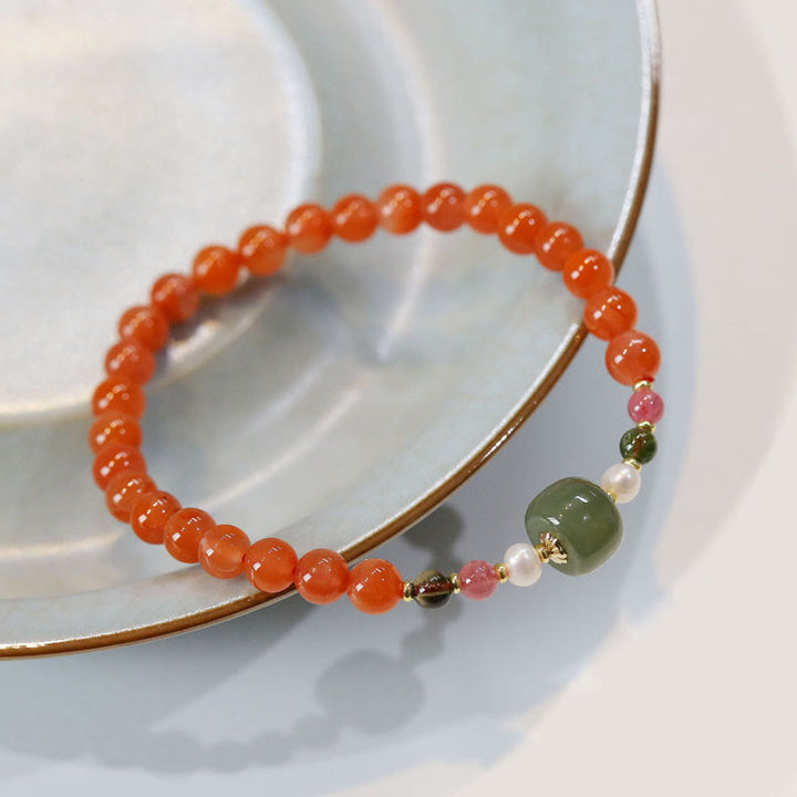 Buddha Stones Natural Red Agate Hetian Jade Bead Confidence Calm Bracelet - Red Agate(Wrist Circumference 14-16cm) - image 0