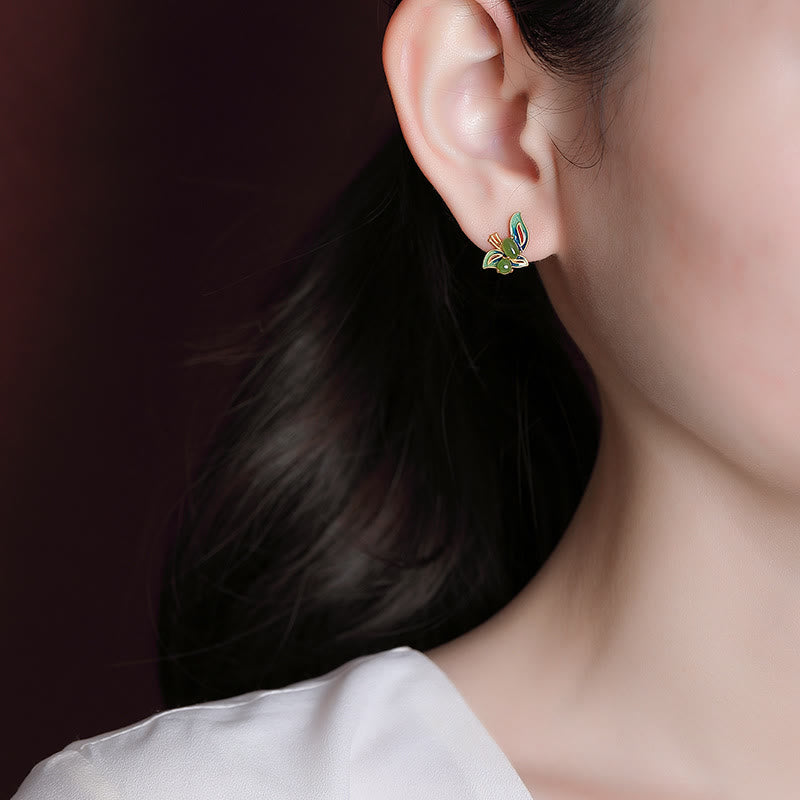Buddha Stones 925 Sterling Silver Plated Gold Natural Cyan Jade Butterfly Luck Healing Earrings - image 5