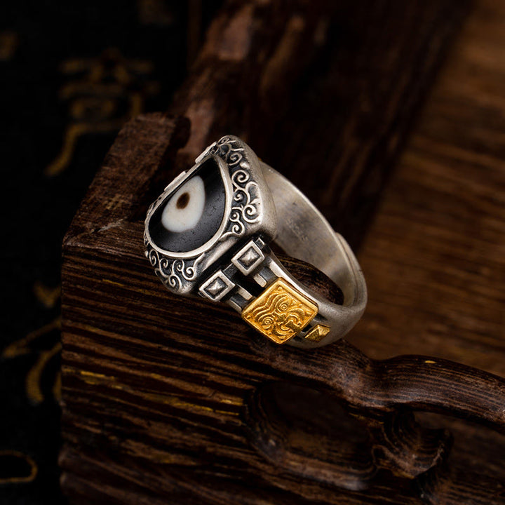 Buddha Stones 925 Sterling Silver Zakiram Goddess of Wealth Design Dzi Bead Protection Ring - image 2