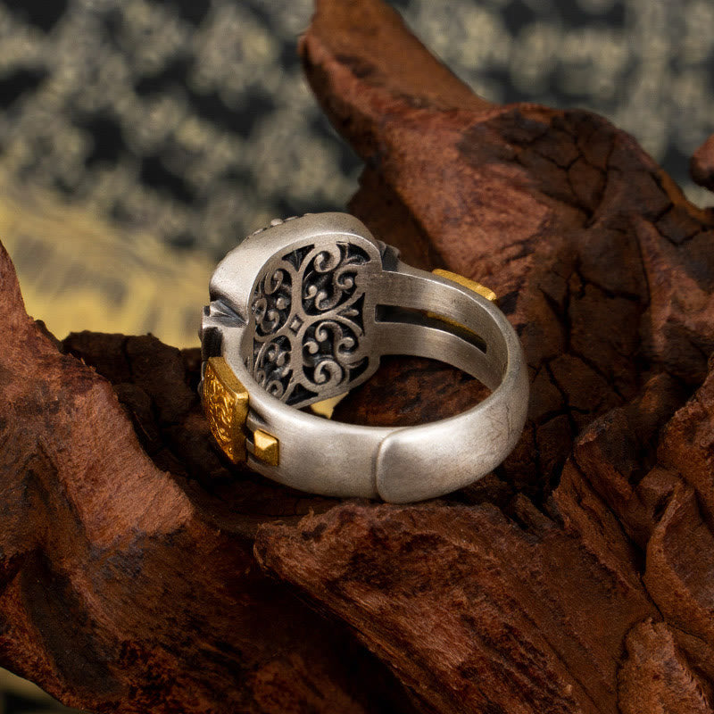 Buddha Stones 925 Sterling Silver Zakiram Goddess of Wealth Design Dzi Bead Protection Ring - image 3