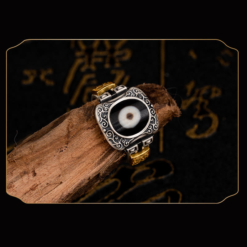 Buddha Stones 925 Sterling Silver Zakiram Goddess of Wealth Design Dzi Bead Protection Ring - image 5