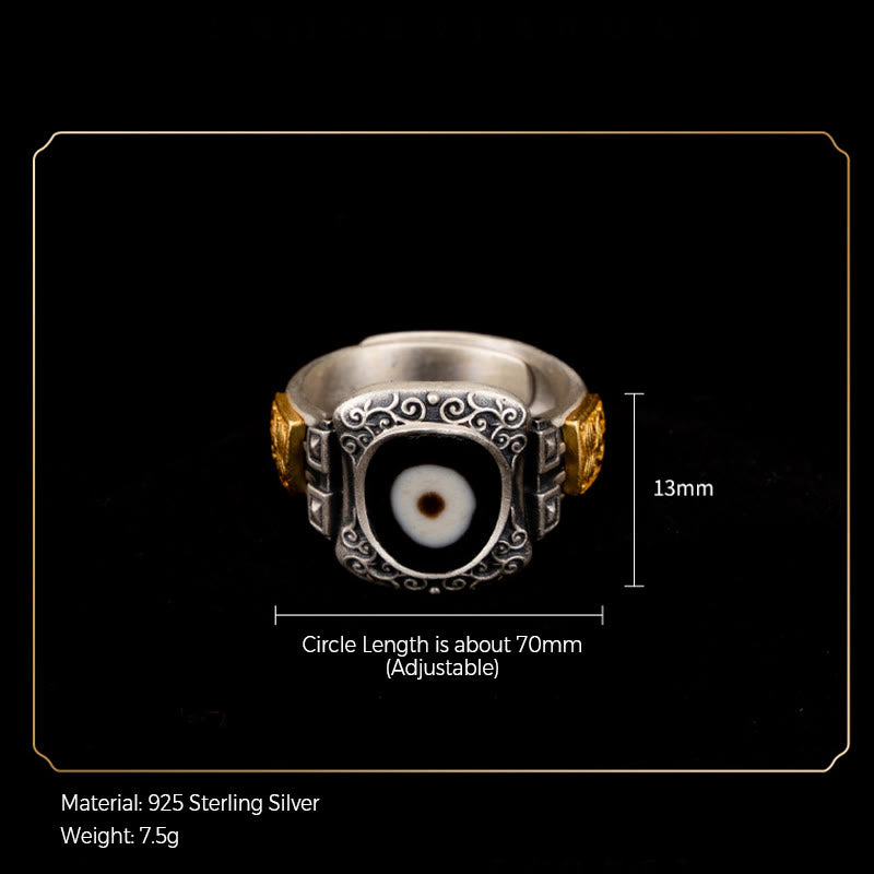 Buddha Stones 925 Sterling Silver Zakiram Goddess of Wealth Design Dzi Bead Protection Ring - image 8