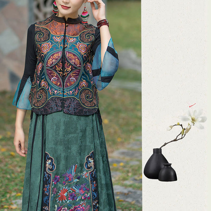 Buddha Stones Vintage Style Embroidery Flower Tang Suit Design Sleeveless Vest - image 14