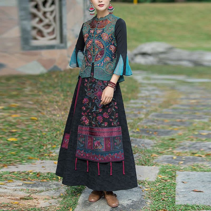 Buddha Stones Vintage Style Embroidery Flower Tang Suit Design Sleeveless Vest - image 2