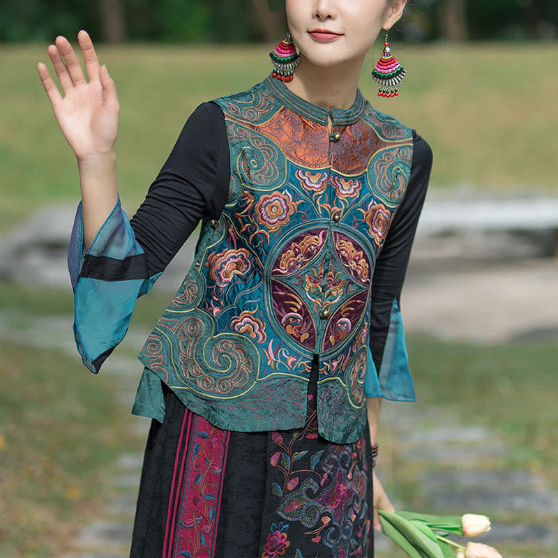 Buddha Stones Vintage Style Embroidery Flower Tang Suit Design Sleeveless Vest - image 1