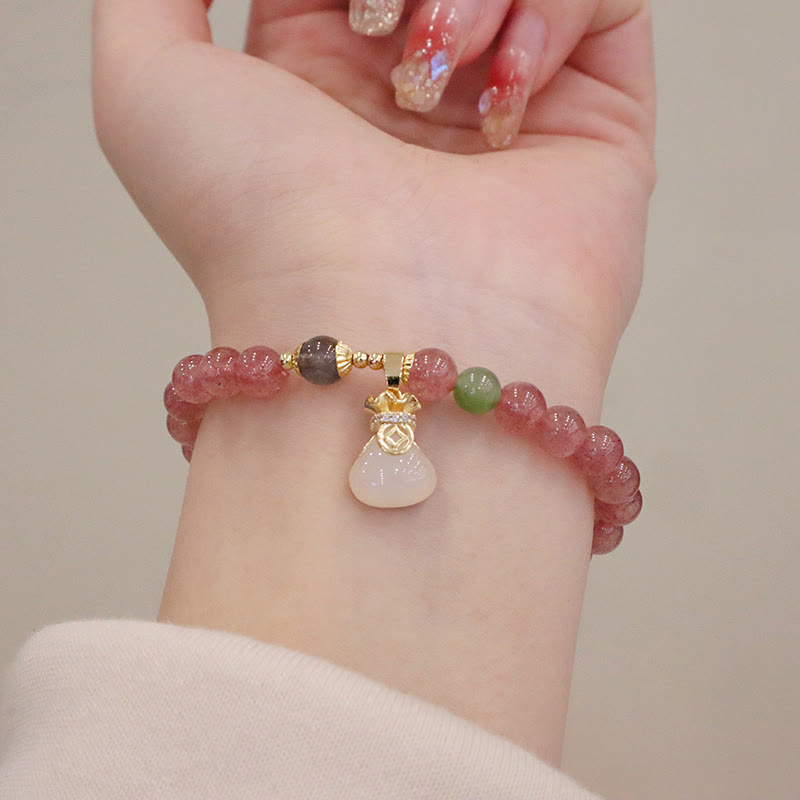 Buddha Stones Natural Strawberry Quartz Jade Peace Buckle Coin Purse Healing Bracelet - image 2