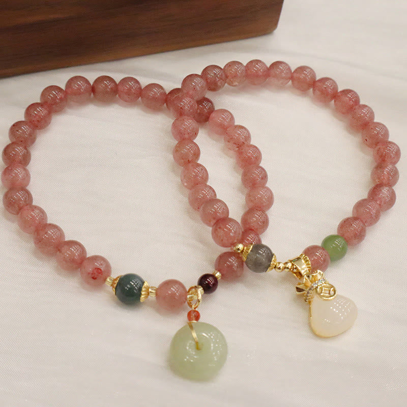 Buddha Stones Natural Strawberry Quartz Jade Peace Buckle Coin Purse Healing Bracelet - image 0