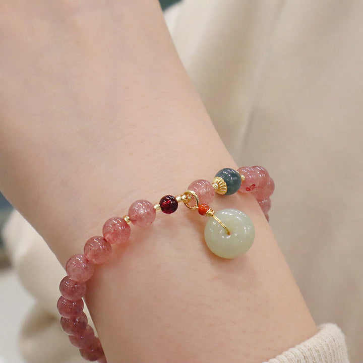 Buddha Stones Natural Strawberry Quartz Jade Peace Buckle Coin Purse Healing Bracelet - image 9