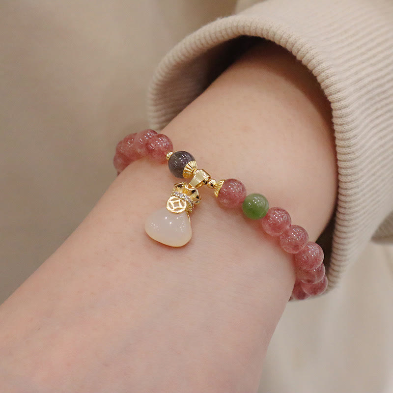Buddha Stones Natural Strawberry Quartz Jade Peace Buckle Coin Purse Healing Bracelet - image 3