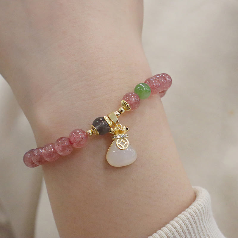 Buddha Stones Natural Strawberry Quartz Jade Peace Buckle Coin Purse Healing Bracelet - Strawberry Crystal Coin Purse Bracelet(Wrist Circumference: 14-16cm) - image 1