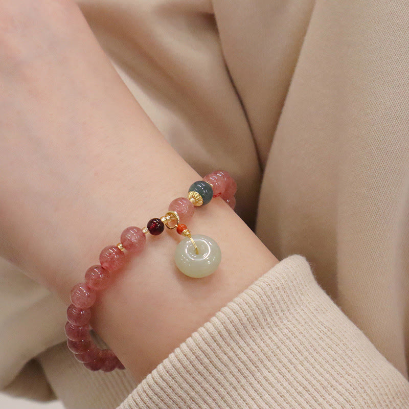 Buddha Stones Natural Strawberry Quartz Jade Peace Buckle Coin Purse Healing Bracelet - image 8