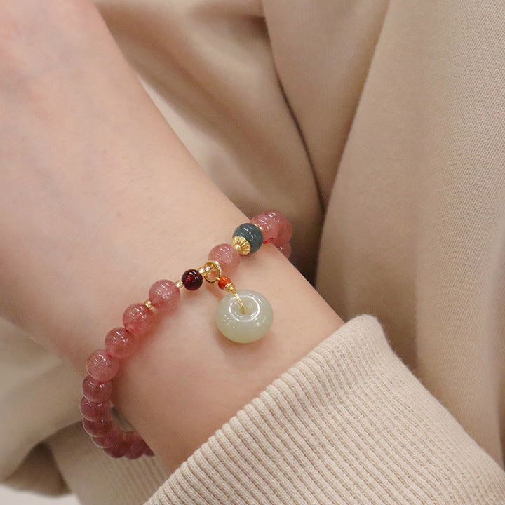 Buddha Stones Natural Strawberry Quartz Jade Peace Buckle Coin Purse Healing Bracelet - image 8