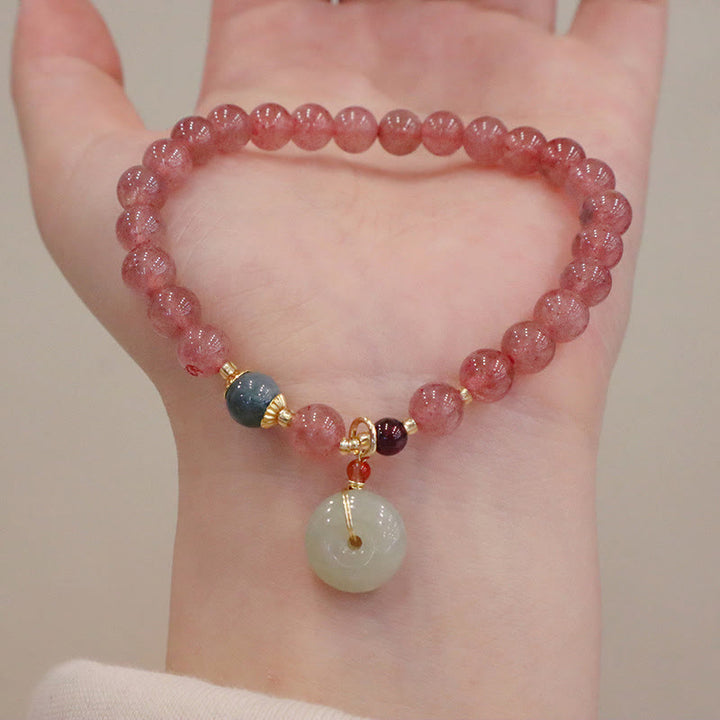Buddha Stones Natural Strawberry Quartz Jade Peace Buckle Coin Purse Healing Bracelet - Strawberry Crystal Peace Buckle Bracelet(Wrist Circumference: 14-16cm) - image 5