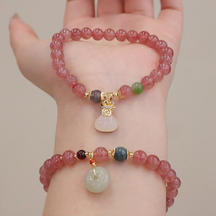 Buddha Stones Natural Strawberry Quartz Jade Peace Buckle Coin Purse Healing Bracelet - image 4
