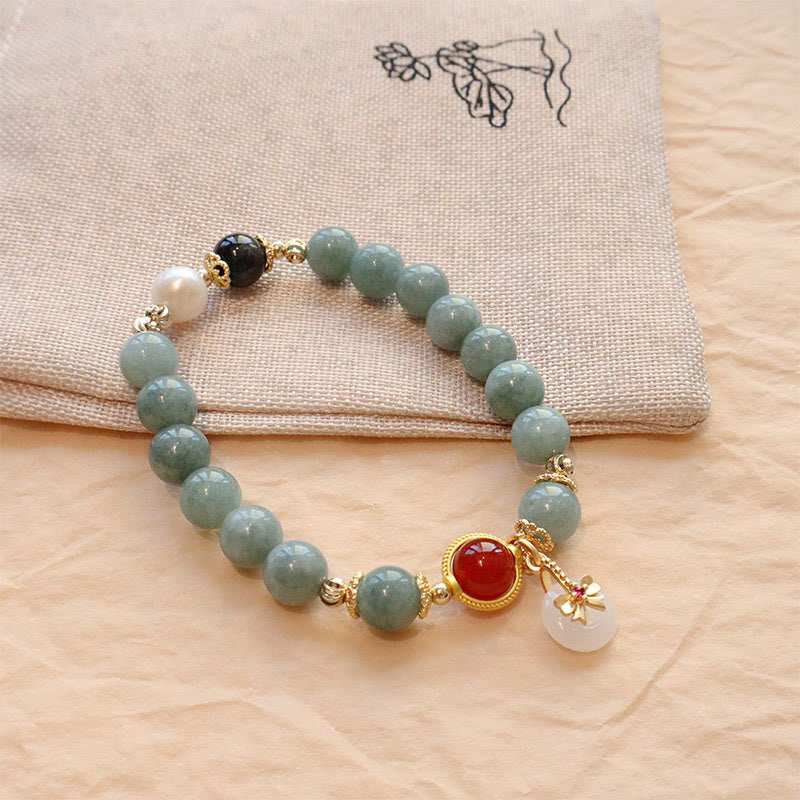 Buddha Stones Natural Jade Red Agate Pearl Bow Tie Luck Bracelet - Jade Beads Bow Tie Bracelet(Wrist Circumference: 14-16cm) - image 0