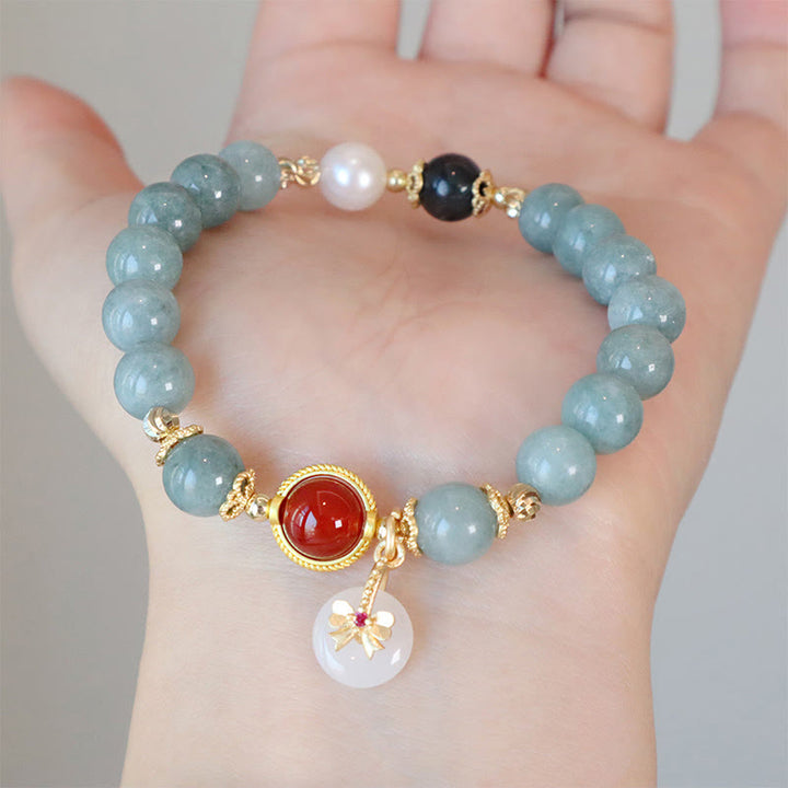 Buddha Stones Natural Jade Red Agate Pearl Bow Tie Luck Bracelet - image 3