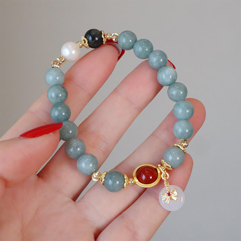 Buddha Stones Natural Jade Red Agate Pearl Bow Tie Luck Bracelet - image 8
