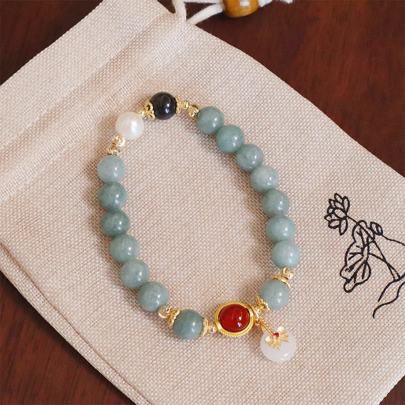 Buddha Stones Natural Jade Red Agate Pearl Bow Tie Luck Bracelet - image 1