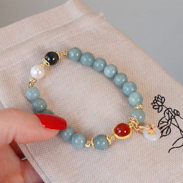 Buddha Stones Natural Jade Red Agate Pearl Bow Tie Luck Bracelet - image 9