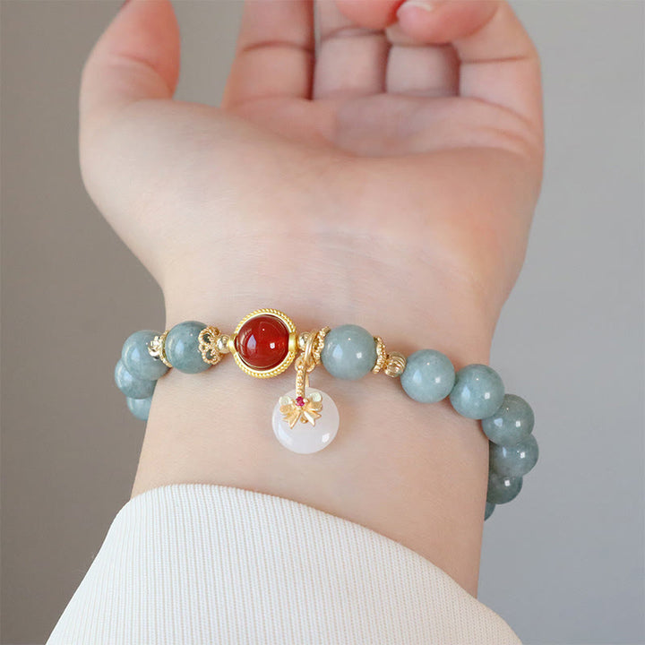 Buddha Stones Natural Jade Red Agate Pearl Bow Tie Luck Bracelet - image 4