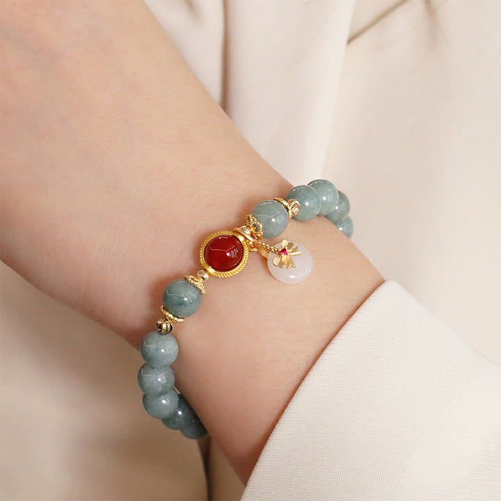 Buddha Stones Natural Jade Red Agate Pearl Bow Tie Luck Bracelet - image 5