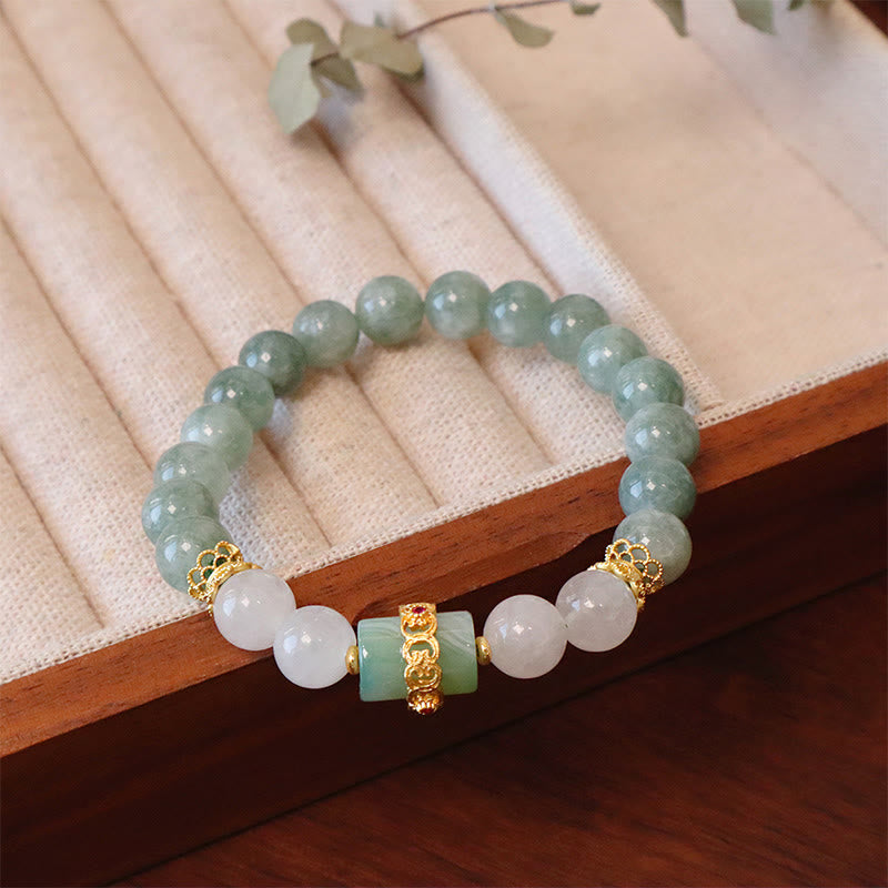 Buddha Stones Single Double Layer Jade Peace Buckle Luck Bracelet - Jade Single Layer Lucky Bead Bracelet(Wrist Circumference: 14-16cm) - image 0