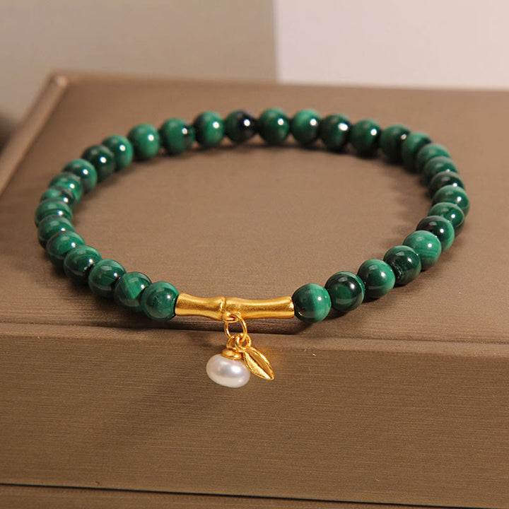 Buddha Stones Natural Malachite Pearl Lucky Bamboo Anti-Anxiety Bracelet - Malachite Lucky Bamboo Bracelet(Wrist Circumference: 14-16cm) - image 0