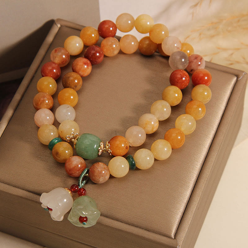 Buddha Stones Tibet Natural Golden Silk Jade Double Layer Bell Orchid Luck Bracelet - image 4