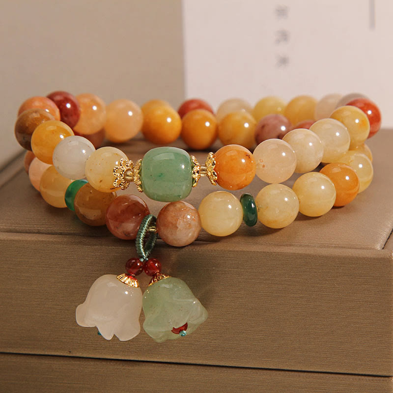 Buddha Stones Tibet Natural Golden Silk Jade Double Layer Bell Orchid Luck Bracelet - image 2