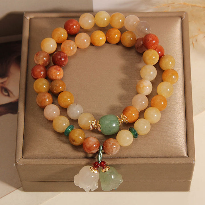 Buddha Stones Tibet Natural Golden Silk Jade Double Layer Bell Orchid Luck Bracelet - image 6