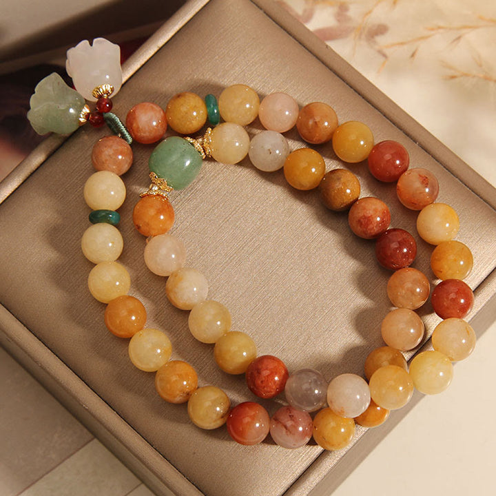 Buddha Stones Tibet Natural Golden Silk Jade Double Layer Bell Orchid Luck Bracelet - image 5