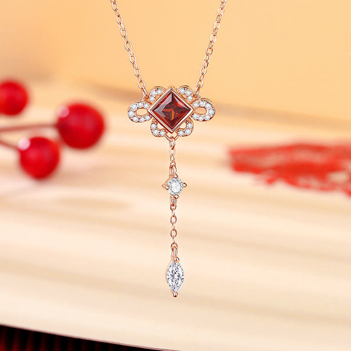 Buddha Stones 925 Sterling Silver Chinese Knotting Red Zircon Wealth Necklace Pendant Bracelet Earrings Set - Necklace - image 2