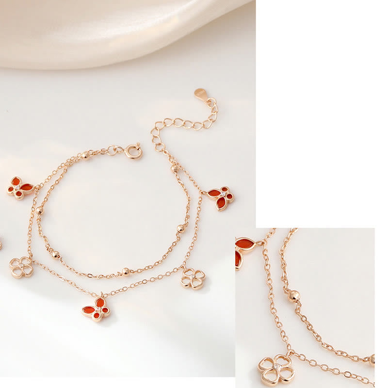 Buddha Stones 925 Sterling Silver Red Agate Tridacna Stone Butterfly Four Leaf Clover Calm Bracelet Necklace Pendant Set - image 5