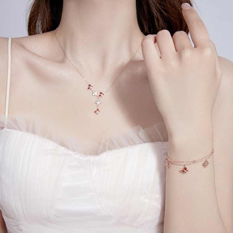 Buddha Stones 925 Sterling Silver Red Agate Tridacna Stone Butterfly Four Leaf Clover Calm Bracelet Necklace Pendant Set - image 2