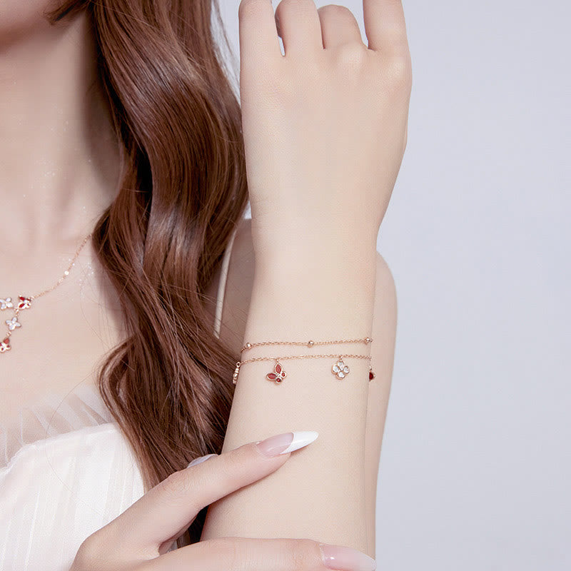 Buddha Stones 925 Sterling Silver Red Agate Tridacna Stone Butterfly Four Leaf Clover Calm Bracelet Necklace Pendant Set - image 6