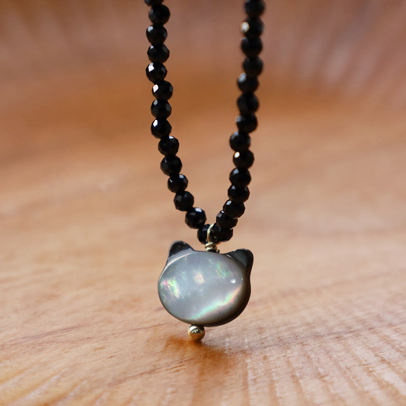 Buddha Stones Black Spinel Cute Cat Motivate Choker Necklace - image 1