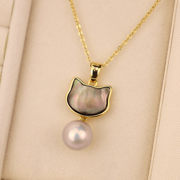 Buddha Stones Natural Pearl Copper Cat Healing Necklace Pendant Earrings - Black-Necklace(Necklace Length: 40cm) - image 4