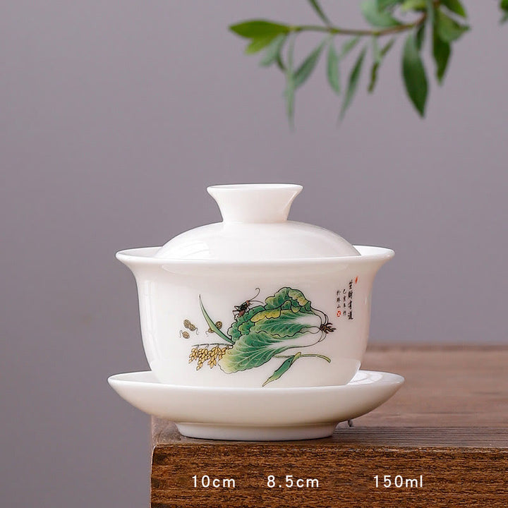 Buddha Stones White Porcelain Mountain Landscape Countryside Ceramic Gaiwan Teacup Kung Fu Tea Cup And Saucer With Lid - Round Cup-Fruits and Vegetables (8.5cm*10cm*150ml) - image 13