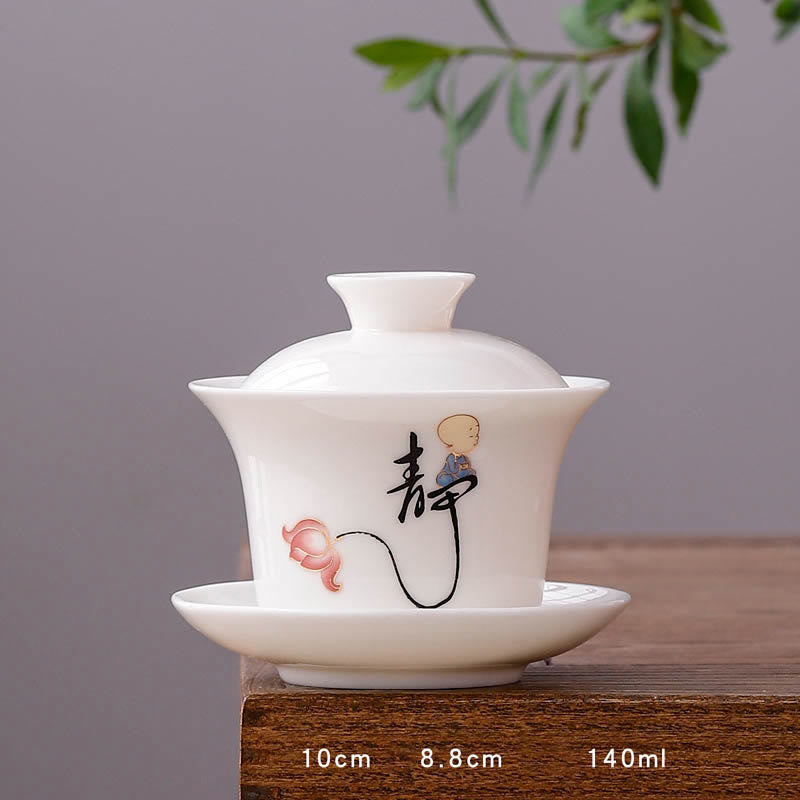 Buddha Stones White Porcelain Mountain Landscape Countryside Ceramic Gaiwan Teacup Kung Fu Tea Cup And Saucer With Lid - Long Cup-Chinese Character "Jing Xin" (8.8cm*10cm*140ml) - image 29