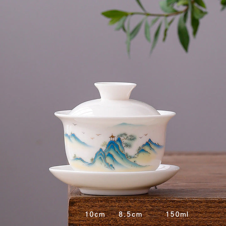 Buddha Stones White Porcelain Mountain Landscape Countryside Ceramic Gaiwan Teacup Kung Fu Tea Cup And Saucer With Lid - Round Cup-Pavilion and Mountains (8.5cm*10cm*150ml) - image 14