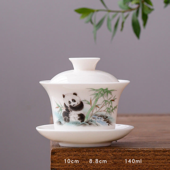 Buddha Stones White Porcelain Mountain Landscape Countryside Ceramic Gaiwan Teacup Kung Fu Tea Cup And Saucer With Lid - Long Cup-Panda(8.8cm*10cm*140ml) - image 20