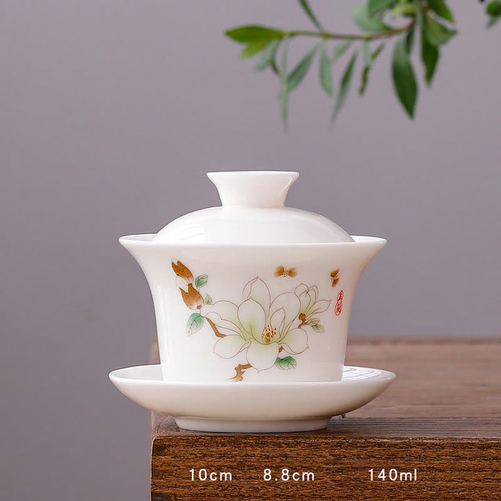 Buddha Stones White Porcelain Mountain Landscape Countryside Ceramic Gaiwan Teacup Kung Fu Tea Cup And Saucer With Lid - Long Cup-Magnolia(8.8cm*10cm*140ml) - image 18