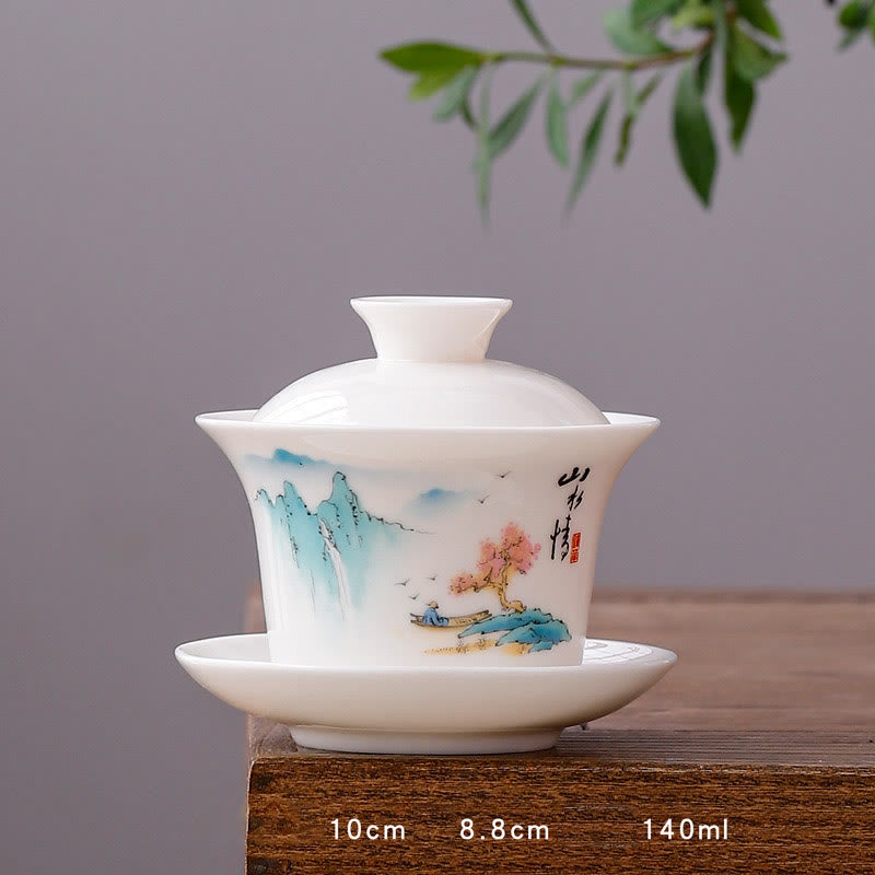 Buddha Stones White Porcelain Mountain Landscape Countryside Ceramic Gaiwan Teacup Kung Fu Tea Cup And Saucer With Lid - Long Cup-Red Tree(8.8cm*10cm*140ml) - image 24