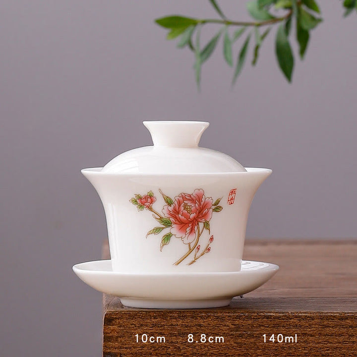 Buddha Stones White Porcelain Mountain Landscape Countryside Ceramic Gaiwan Teacup Kung Fu Tea Cup And Saucer With Lid - Long Cup-Peony(8.8cm*10cm*140ml) - image 19
