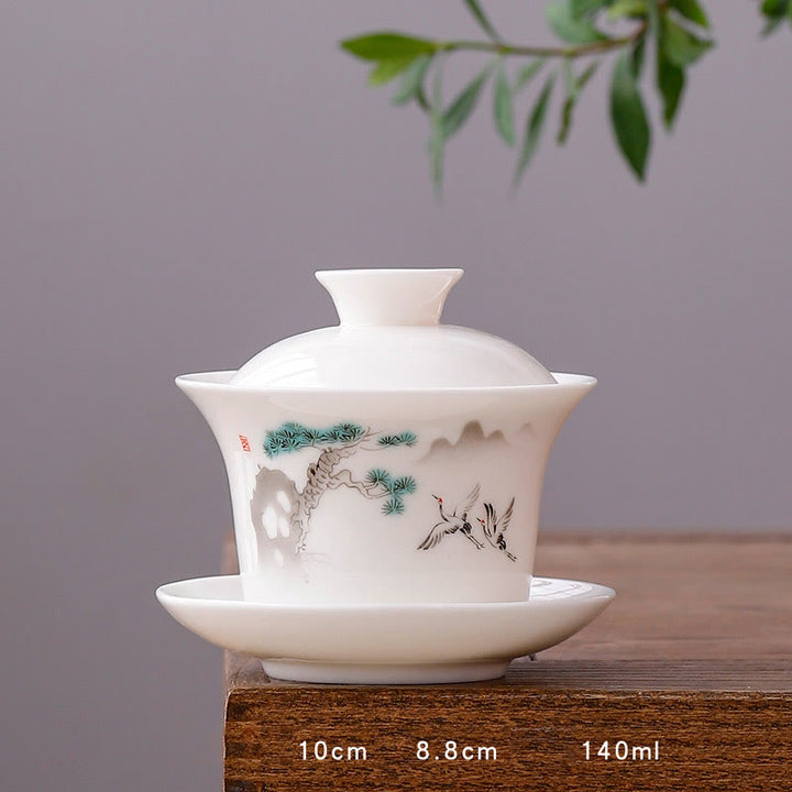 Buddha Stones White Porcelain Mountain Landscape Countryside Ceramic Gaiwan Teacup Kung Fu Tea Cup And Saucer With Lid - Long Cup-Crane(8.8cm*10cm*140ml) - image 28