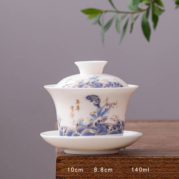 Buddha Stones White Porcelain Mountain Landscape Countryside Ceramic Gaiwan Teacup Kung Fu Tea Cup And Saucer With Lid - Long Cup-Koi Fish Waves(8.8cm*10cm*140ml) - image 4