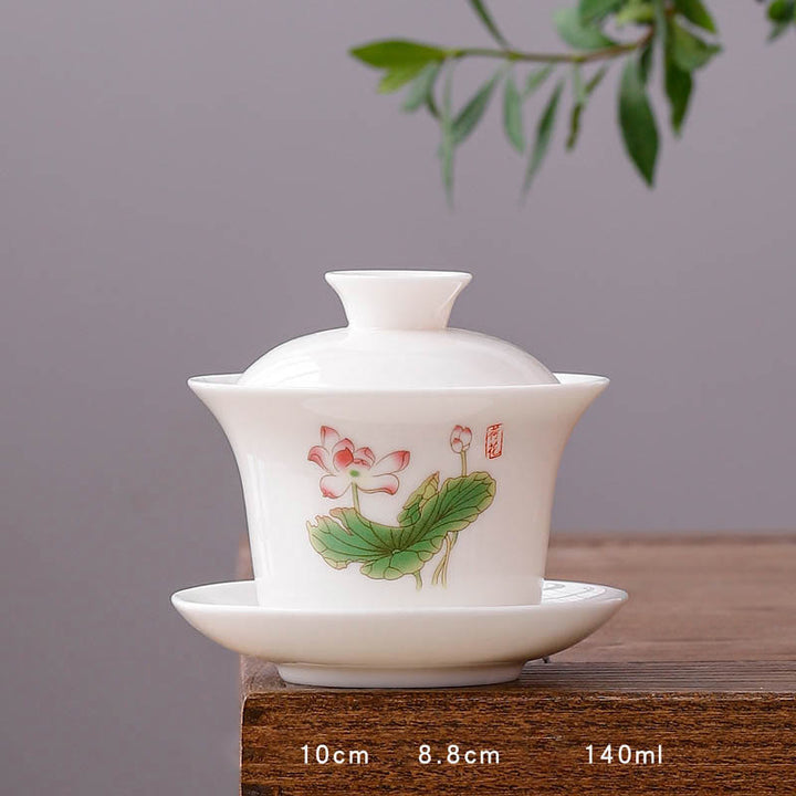 Buddha Stones White Porcelain Mountain Landscape Countryside Ceramic Gaiwan Teacup Kung Fu Tea Cup And Saucer With Lid - Long Cup-Lotus(8.8cm*10cm*140ml) - image 31