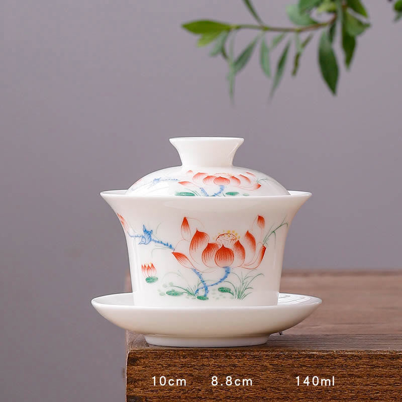 Buddha Stones White Porcelain Mountain Landscape Countryside Ceramic Gaiwan Teacup Kung Fu Tea Cup And Saucer With Lid - Long Cup-Birds and Flowers(8.8cm*10cm*140ml) - image 32
