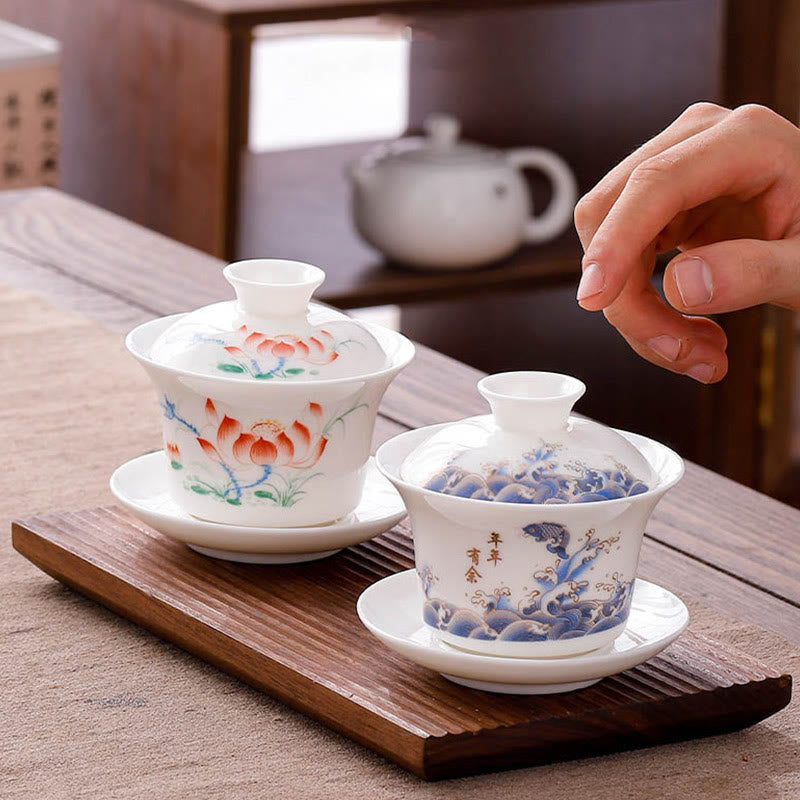 Buddha Stones White Porcelain Mountain Landscape Countryside Ceramic Gaiwan Teacup Kung Fu Tea Cup And Saucer With Lid - image 33