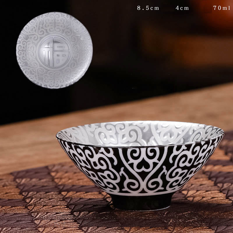 Buddha Stones Tibet Pattern Fu Character Ceramic Teacup Kung Fu Tea Cups 55ml - Black Pattern (8.5cm*4cm*55ml) - image 1